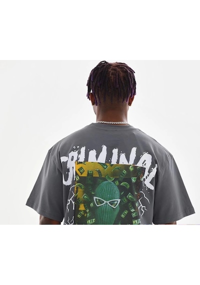 Moda Assema Erkek Baskılı T-shirt Kısa Kol Bisiklet Yaka Rahat Kalıp Tişört - Füme Çok Renkli