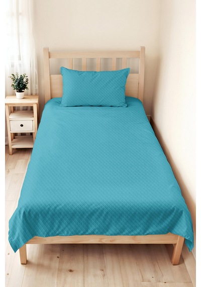 Turkuaz Minimal Genç Odası Tek Kişilik Pike Takımı - Mavi Kapitone 160x220 Cm Yazlık Yatak Örtüsü Perde Kervan Perdesi