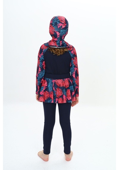 My Kids Wear Üç Parça Kız Çocuk Haşema, Tesettür, Etekli, Kapalı Mayo Kırmızı - Lacivert