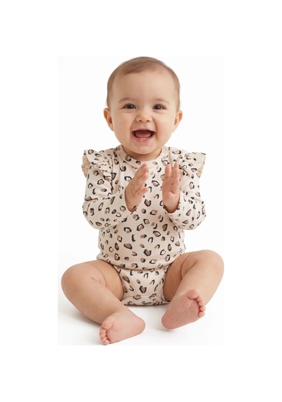 Bebegen Kız Bebek Bej Kahve Leopar Desenli Fırfırlı Body Zıbın