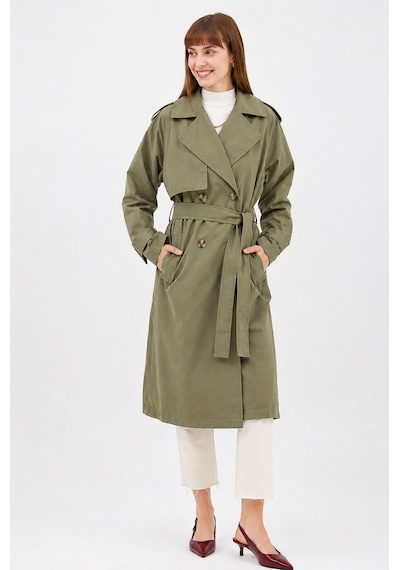 Ressho Kadın Kemerli Uzun Trençkot Su Geçirmez, Astarlı, Oversize Model Haki