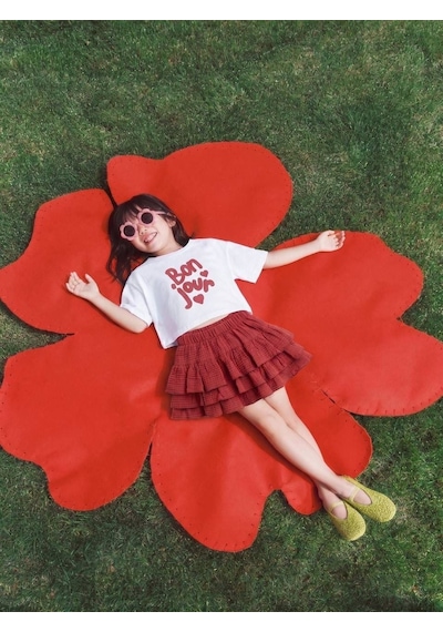 Magu Kız Çocuk Pamuklu Bonjour Baskılı T-shirt Fırfırlı Etek Takım Çok Renkli