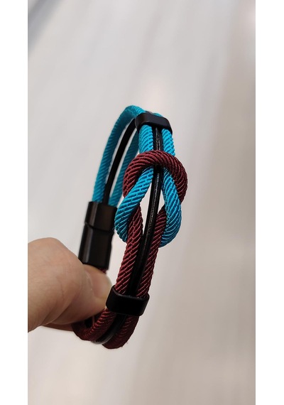 Bordo Mavi Taraftar Temalı Deri&makreme Düğüm Model Bileklik Net 21cm Bordo - Mavi