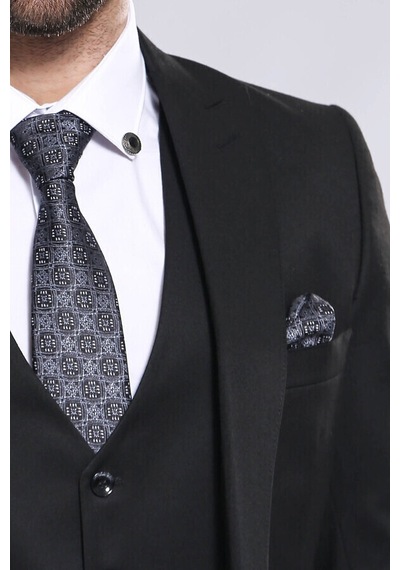Düz Siyah Slim Fit Yelek Ceket Set Wessi 001