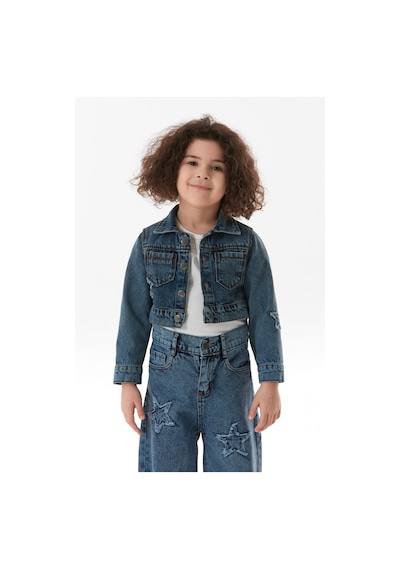 Fullamoda Yıldız Nakışlı Kız Çocuk Crop Kot Ceket 25mcck3664217547-mavi Mavi