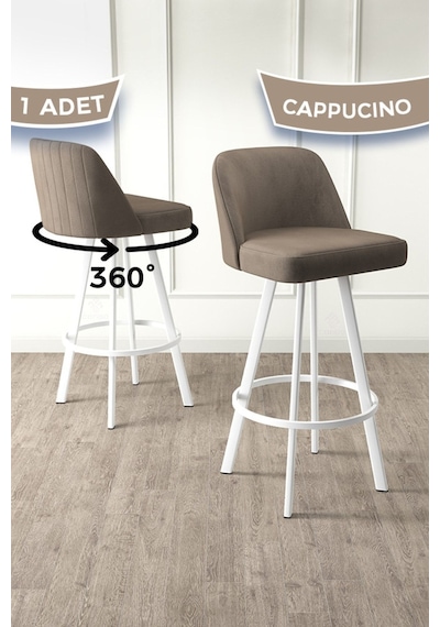 Canisa Atex Serisi 1 Adet Cappucino Sandalye 360 C Döner Bar Sandalyesi Babyface Kumaş Beyaz Metal Ayaklı Sandalye Cappuccino Ayakları Beyaz