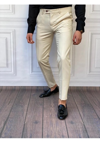 Modefendi Slim Fit İtalyan Kesim Kumaş Pantolon Krem