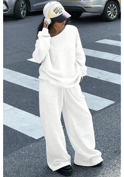 Cool Tarz Kadın Düşük Omuz Yumuşak Basic Sweat Eşofman Takımı Beyaz Beyaz