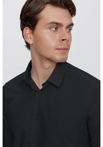 İmza Siyah Klasik Yaka Uzun Kol Cepsiz Slim Fit Basic Pamuklu Gömlek 1004255057