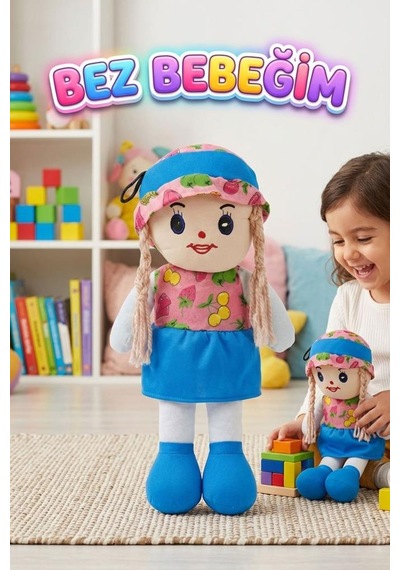 Meyveli Bebeğim 42cm Meyve Desenli Elbiseli Ve Şapkalı Oyun Arkadaşı El Yapımı Oyuncak Bez Bebek Mavi