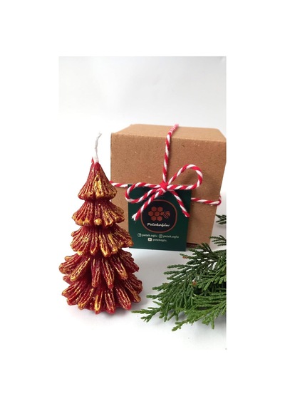 Petekoğlu Doğal Petek Balmumu Mum Kırmızı Altın Simli Çam Ağacı Boy 8.5 Cm Bal Mumu Beeswax Candle Diğer