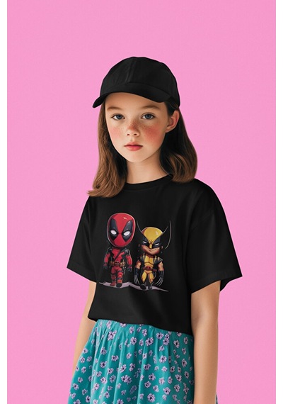 Sevbano Deadpool Wolverine Baskılı Unisex Kahramanlar Film Çocuk Tişört Siyah