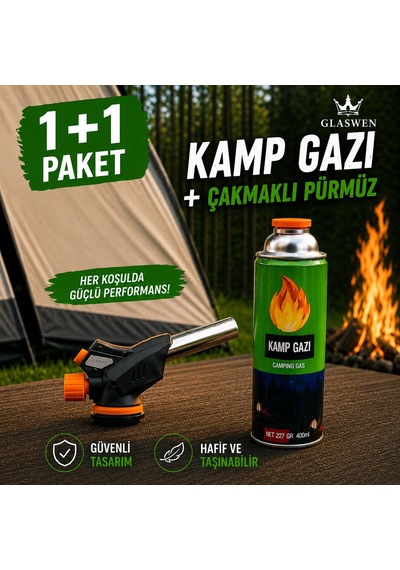 1+1 Çakmaklı Pürmüz Yedek Kartuşu Kamp Gazı 400 Ml Piknik Kamp Mangal Mutfak Ateş Tutuşturucu Yeşil