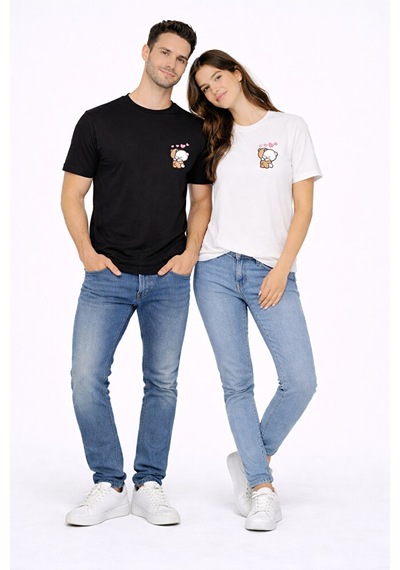 Nevermind Sevgili Kombini Minimal Ayıcık Kalp Baskılı Çift Tişört Oversize Çok Renkli