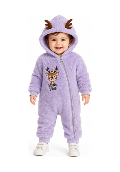 Tatlı Geyik Nakışlı Welsoft Peluş Kapüşonlu Fermuarlı Kışlık Unisex Bebek Tulumu 40212 Lila