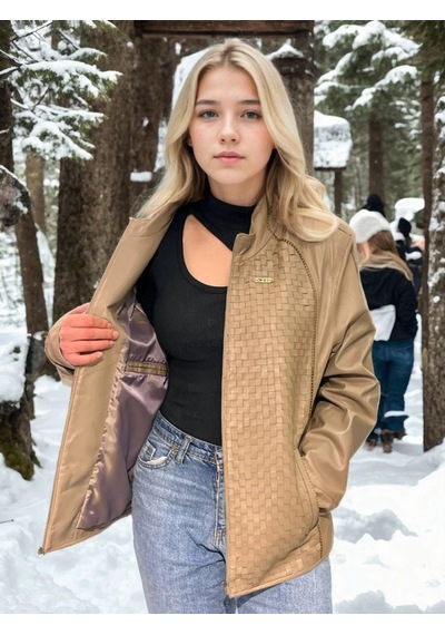 Ertaştrendstore Kadın Premium Doğal Fileli Deri Ceket - Krem Çok Renk
