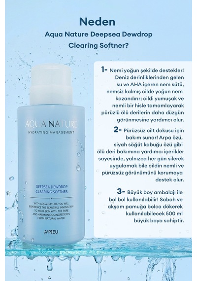 Missha A'PIEU Aqua Nature Deep-Sea Dewdrop Clearing Softener Cilde Pürüzsüz Görünüm Kazandıran Tonik 500 ML