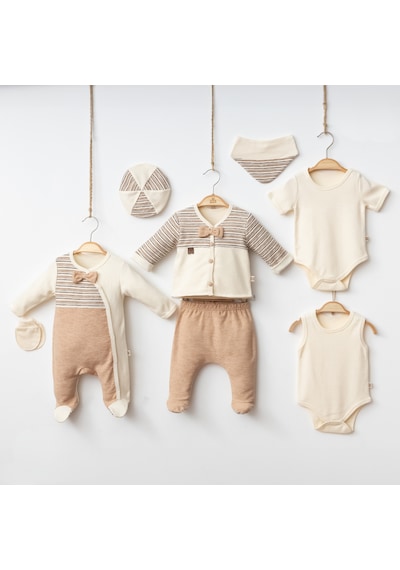 Milays 0-3 Ay Erkek Bebek Çizgi Detaylı Organik Pamuktan 8 Li Premium Takım Sütlü Kahve