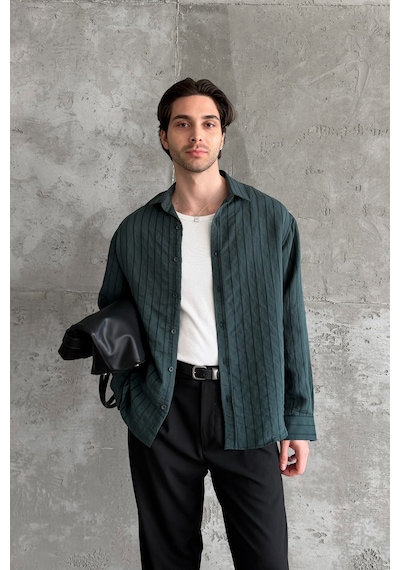 Erkek Oversize Çizgili Modal Gömlek Yeşil