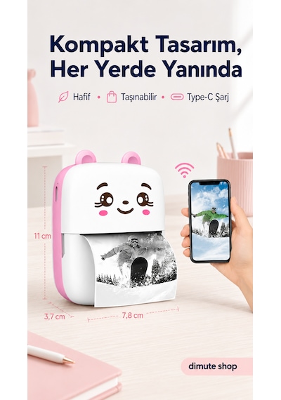 Mini Taşınabilir Kablosuz Termal Yazıcı Cep Boyu Anında Çıktı Apple iOS & Android Uyumlu