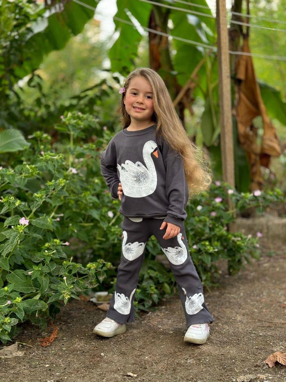 Cg Kids Kabartma Kuğu Baskılı Kız Çocuk Eşofman Takım Alt Fitilli Antrasit - Beyaz