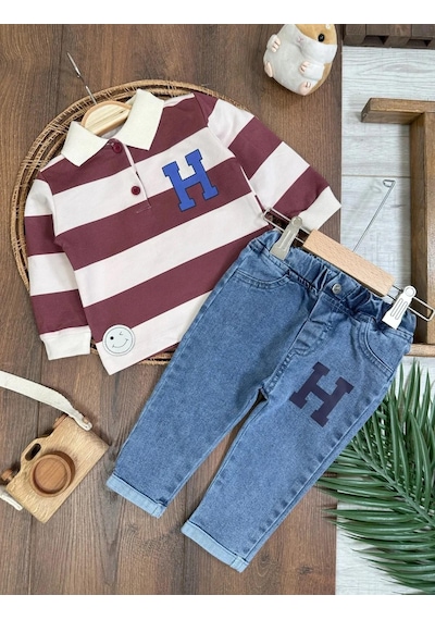 Bebicix Şerit Çizgili Detaylı Likralı Polo Yaka Erkek Bebek Takım Bordo