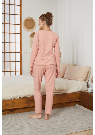 Siyah İnci Şardonlu Kışlık Örme Pijama Takım25226002 Pudra