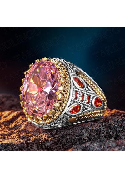 Takılingo 925 Ayar Gümüş Pembe Zirkon Taşlı Usta İşi Erkek Yüzük Gümüş