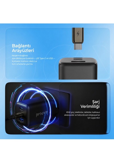 Proove Pocket Gan 65w Hızlı Şarj Cihazı 3 Portlu 2x Type-c + Usb Apple Uyumlu MacBook Laptop Ve Telefon Uyumlu