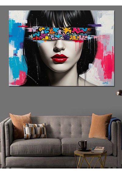 Pop Art Göz Bantlı Kırmızı Rujlu Siyah Beyaz Kadın Yüzü Dekoratif Kanvas - Mdf Ahşap Tablo