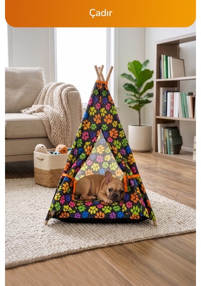 4 Lü Pati Desen Kedi Ve Küçük-orta Irk Köpekler İçin Konfor Seti, Çadır, Minder, Mama Kabı, Vantuzlu Cam Yatağı