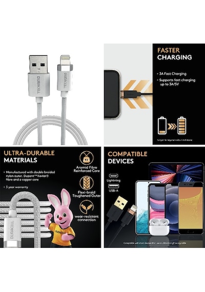 Duracell Apple Uyumlu iOS MFI Sertifikalı 1m USB-A to Lightning Şarj Kablosu Siyah