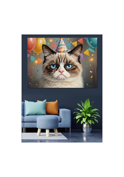 Doğum Günü Şapkalı Huysuz Kedi Yağlı Boya Dokulu Kanvas Tablo Canvas Tablosu