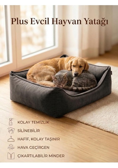 Plus Silinebilir Kedi Köpek Yatağı, Koltuk Kumaşı, Yıkanabilir, Gri, Large