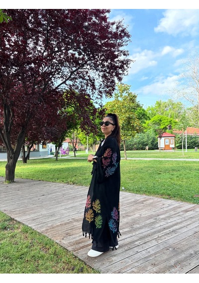 Siyah Mercan Desenli Kaftan Kimono Renkli Desenli Salaş Plaj Ve Günlük Kullanım Siyah - Turuncu Siyah Mercan Desenli Kaftan Kimono Renkli Desenli Salaş Plaj Ve Günlük Kullanım Siyah - Turuncu