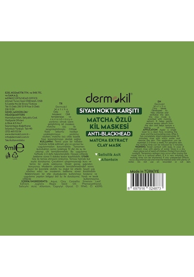 Dermokil Siyah Nokta Karşıtı Matcha Özlü Kil Maskesi 9 Ml