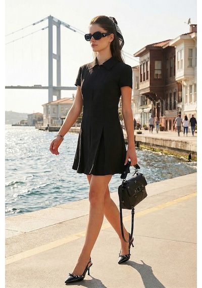 Lela Regular Fit Fermuarlı Polo Yaka Kısa Kollu Pileli Süet Bayan Elbise 5866438 Siyah