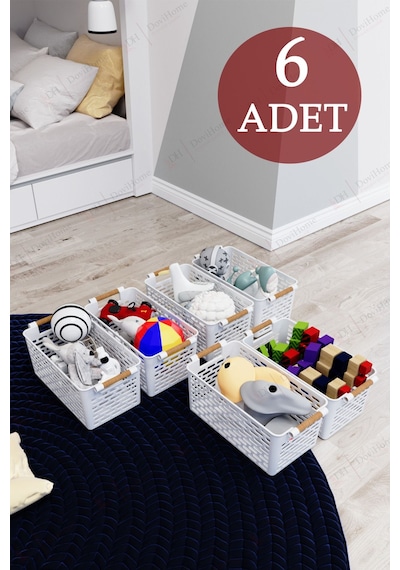 6 Adet Ahşap Saplı Görünüm Beyaz Renk Plastik Mutfak Banyo Eşya Organizer Sepet Düzenleyici Set Beyaz