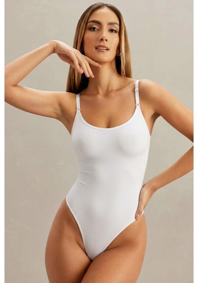 Fit Women Kadın Dikişsiz Örgü Askılı Beyaz Full Body