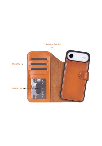 Bloomcase Magic Wallet Urban Tan Hakiki Deri Apple Uyumlu iPhone 17 Air 6.5" Cüzdanlı Telefon Kılıfı Taba