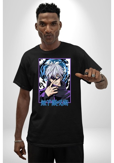 Jujutsu Vintage Washed - Megumi Gojo Anime Manga Pamuklu Bisiklet Yaka Unisex Oversize Boyfriend Dijital Baskılı Siyah T-shirt Siyah