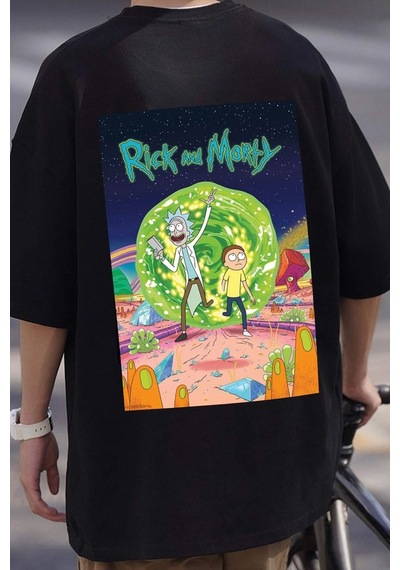Unisex Rick And Morty Baskılı T-shirt Siyah