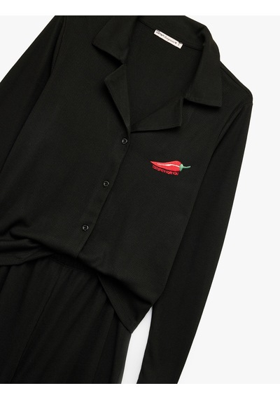 Koton Gömlek Yaka Uzun Kollu Biber Nakış Detaylı Pijama Takımı Siyah 6wlk40126mk Siyah