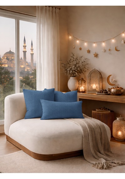 Br Perle İndigo Keten Dokulu Dekoratif Kırlent Kılıfı Modern Salon Koltuk Yastığı
