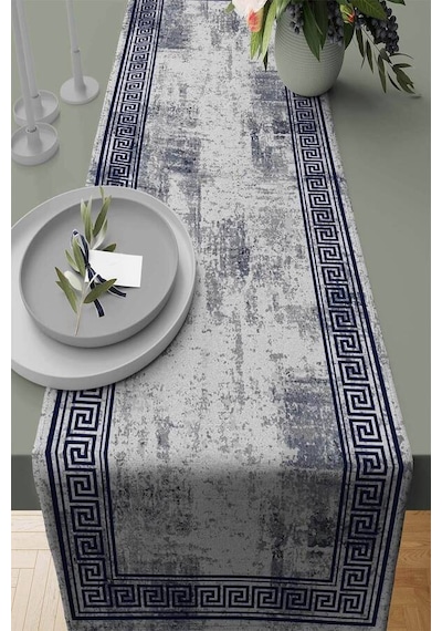 Lacivert Çerçeveli Desen Premium Masa Örtüsü Runner Rnr326n11