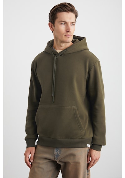 Grımelange Yokohama Erkek Içi Polarlı Organik Pamuklu Regular Kanguru Cepli Kapüşonlu Haki Sweatshirt