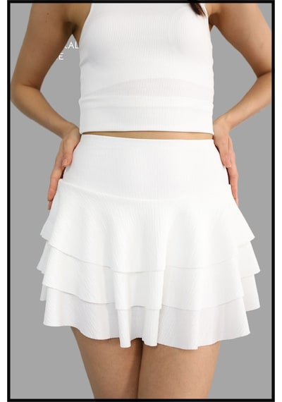 Mykonos Etek Ekru / Beyaz Içte Sabit Şortlu Yüksek Bel Likralı Bürümcük Kumaş Skirt With Shorts 1101 Ekru / Beyaz