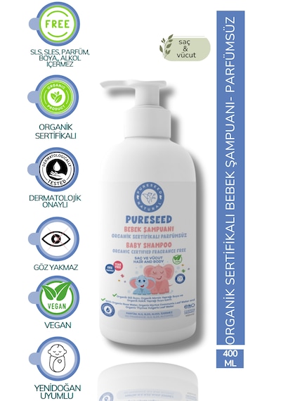Pureseed Natural Organik Sertifikalı Bebek Şampuanı - Parfümsüz - 400 Ml
