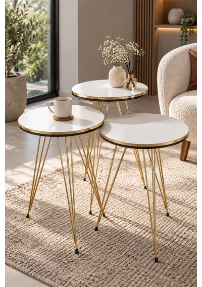 Sulorahome Beyaz Ve Gold Detaylı Üçlü Zigon Sehpa Takımı Beyaz - Altın