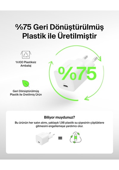 Belkin Wca012kq1mwh-b6 Boostcharge 25w Usb-c Hızlı Şarj Adaptörü + Usb-c To Usb-c Kablo 1m - Beyaz